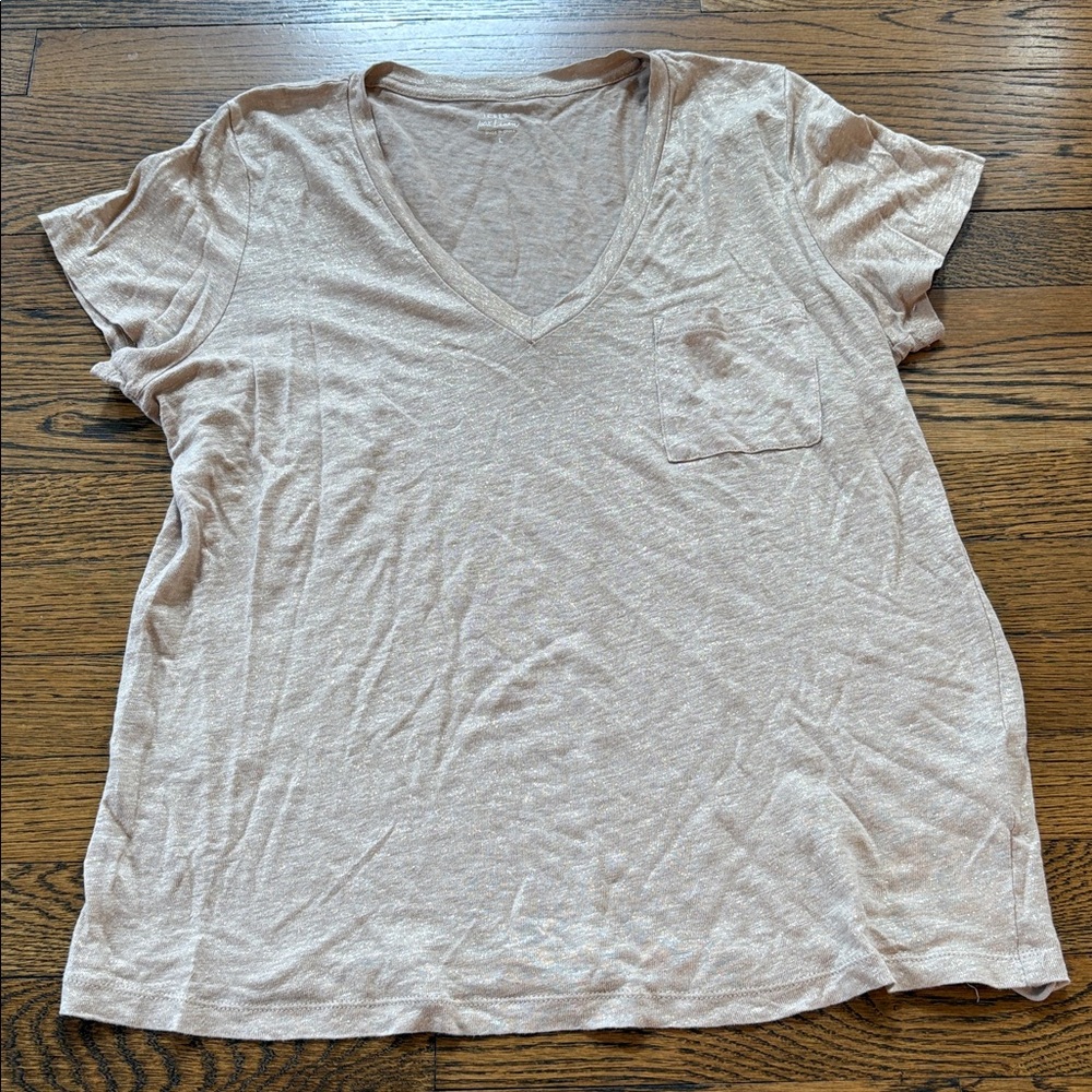 J. Crew tan/metallic gold vneck Short-Sleeve linen tshirt , L